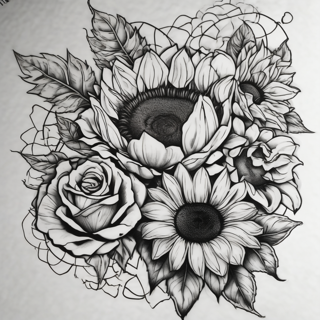 sunflower and roses floral sleeve tattoo half sleeve tattoos for men, AI-generated Sketch tattoo design